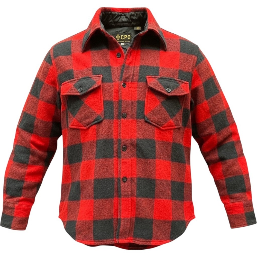Vintage CPO Mens Red Black Buffalo Plaid Wool Blend Quilted Shirt Jacket Medium